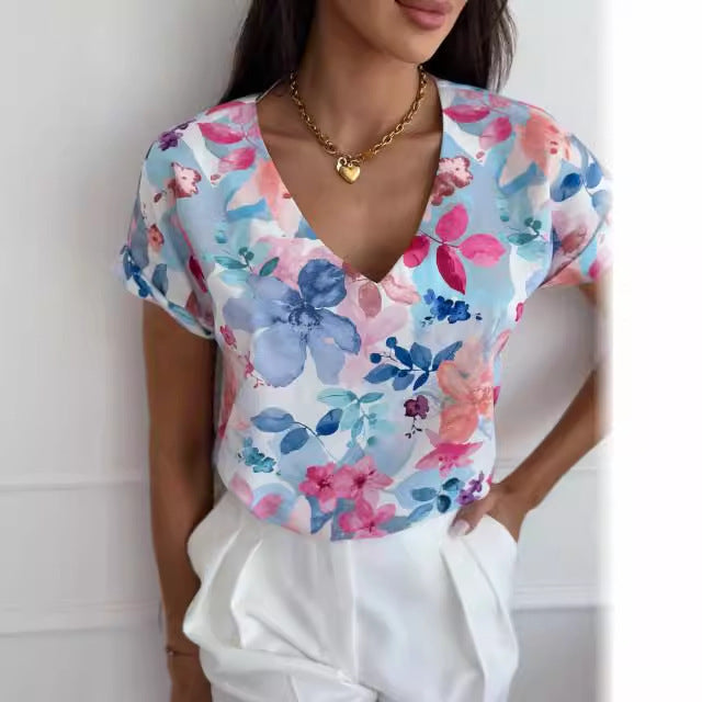 Loose Floral Print Blouse with V-Neck and Short Sleeves