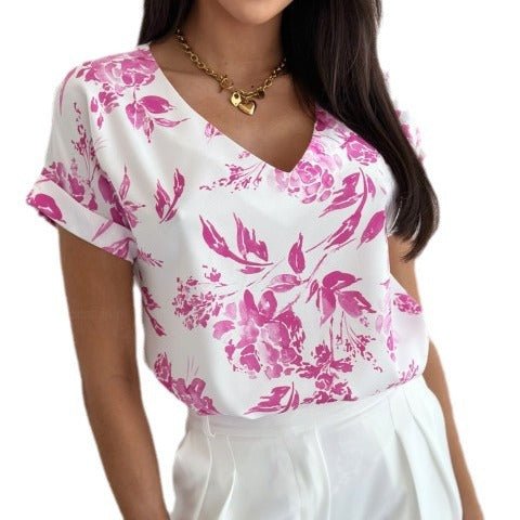 Loose Floral Print Blouse with V-Neck and Short Sleeves