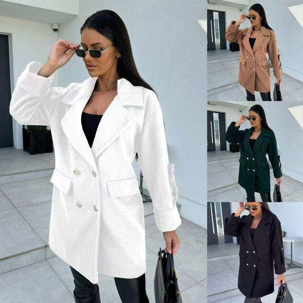 Mid-Length Double-Breasted Coat with Notched Lapel
