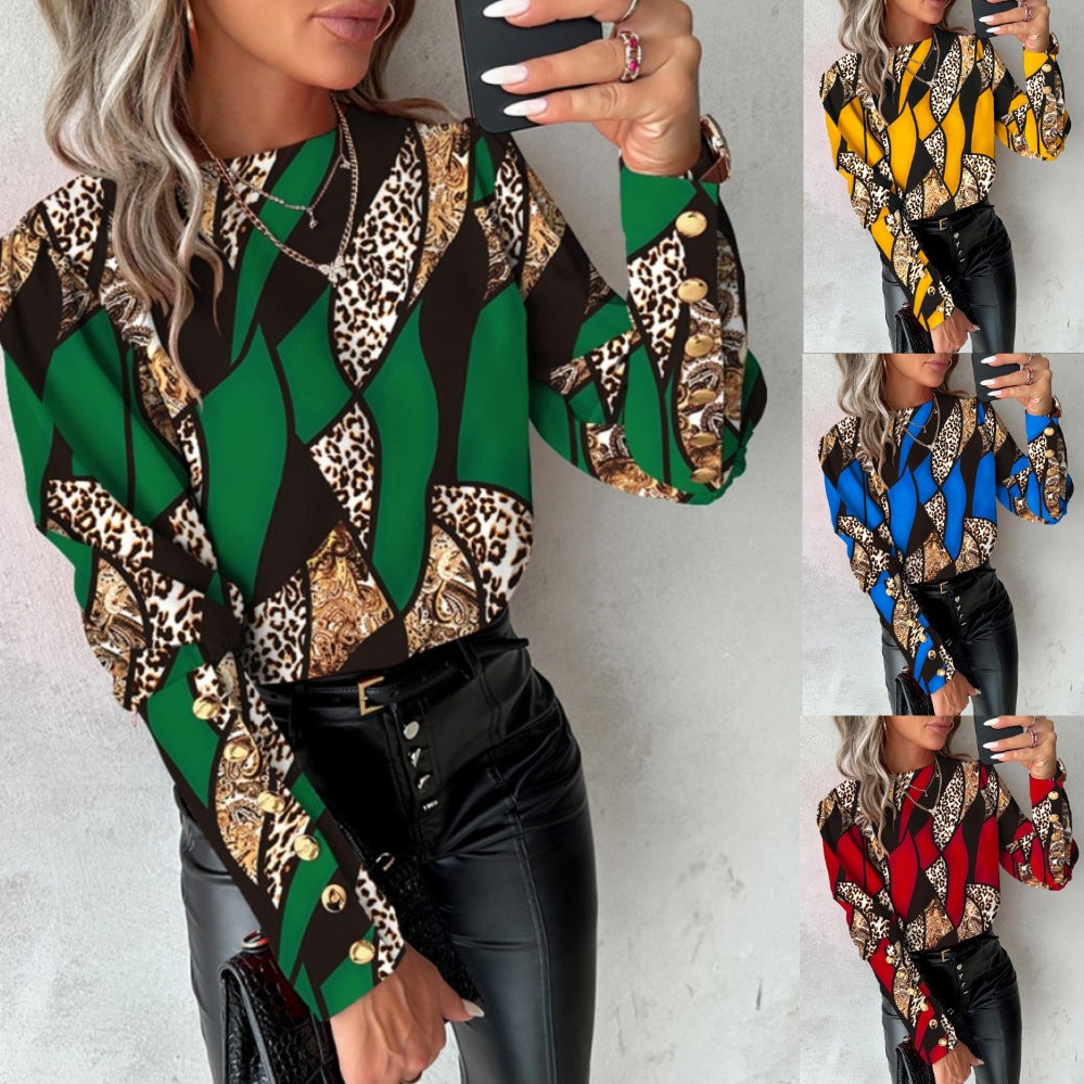 Geometric & Leopard Print Blouse with Round Neck and Button Cuffs