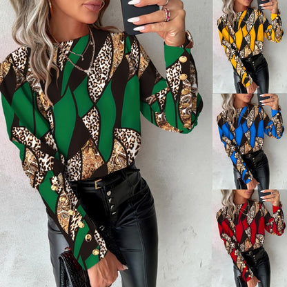 Geometric & Leopard Print Blouse with Round Neck and Button Cuffs