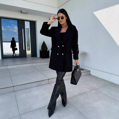 Mid-Length Double-Breasted Coat with Notched Lapel