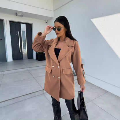 Mid-Length Double-Breasted Coat with Notched Lapel