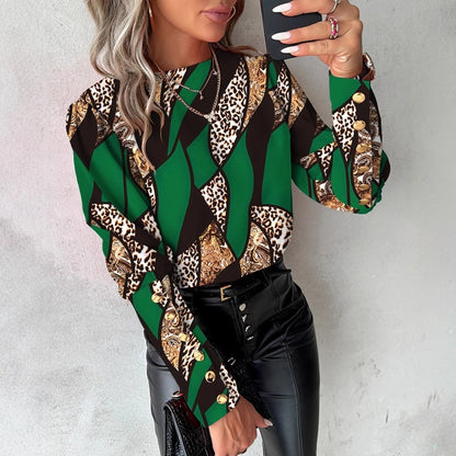 Geometric & Leopard Print Blouse with Round Neck and Button Cuffs