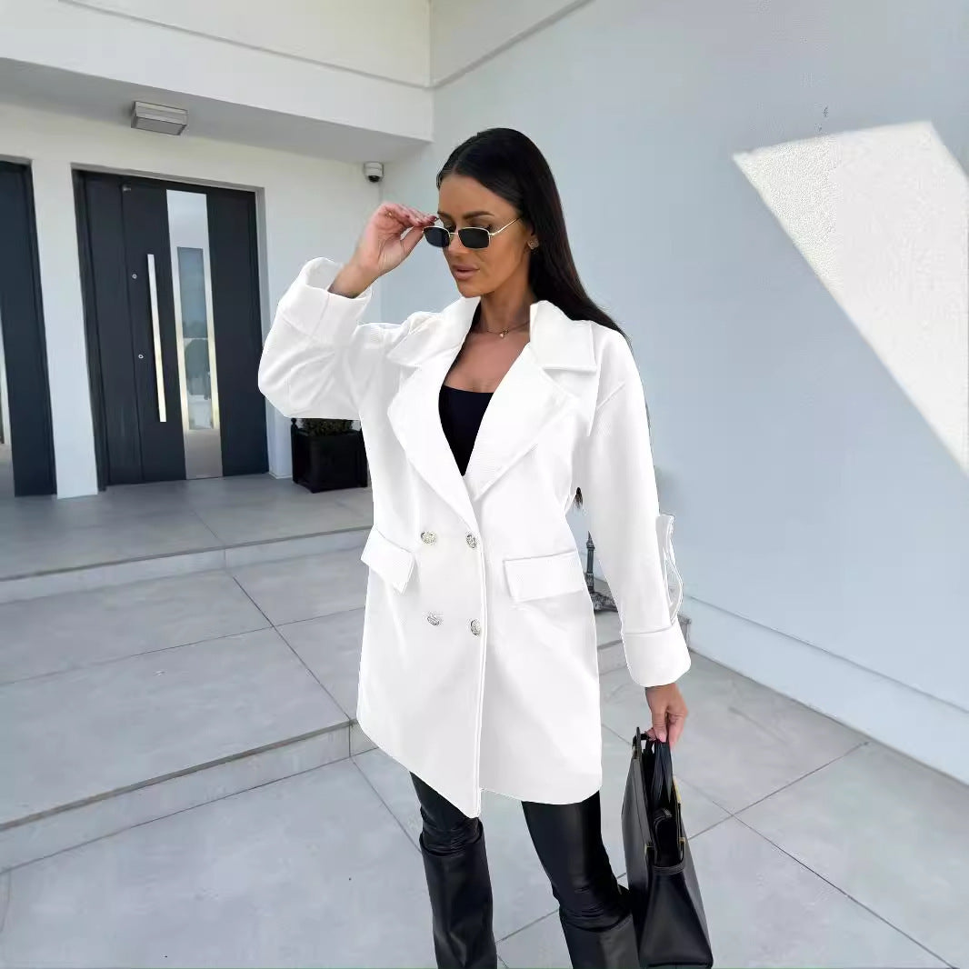 Mid-Length Double-Breasted Coat with Notched Lapel