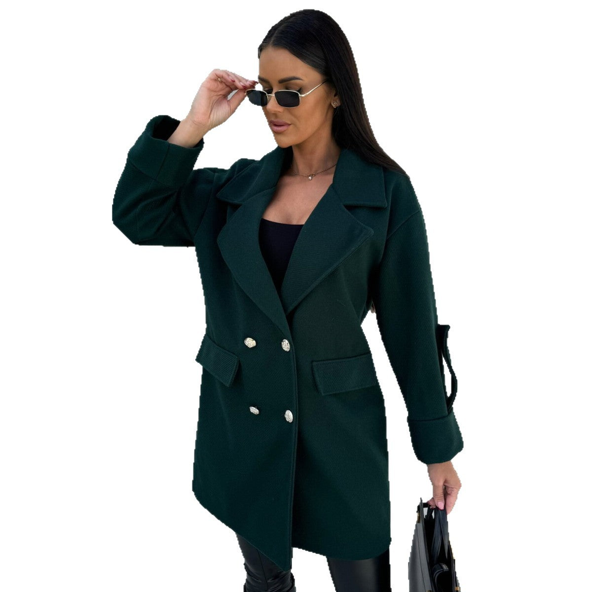 Mid-Length Double-Breasted Coat with Notched Lapel