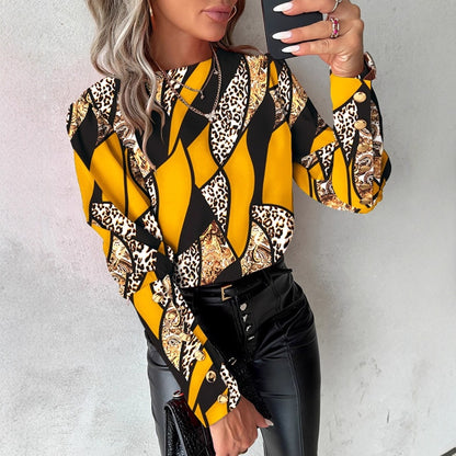 Geometric & Leopard Print Blouse with Round Neck and Button Cuffs