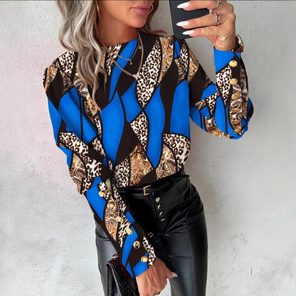 Geometric & Leopard Print Blouse with Round Neck and Button Cuffs