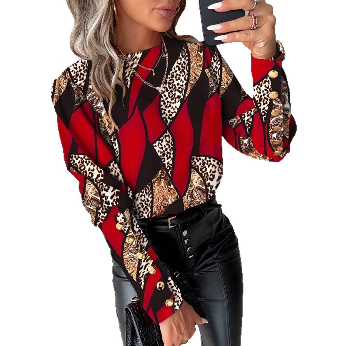 Geometric & Leopard Print Blouse with Round Neck and Button Cuffs