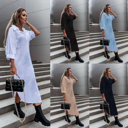 Loose Collared Midi Shirt Dress with Button Front