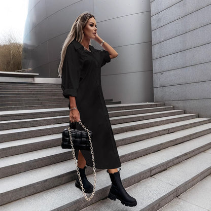 Loose Collared Midi Shirt Dress with Button Front