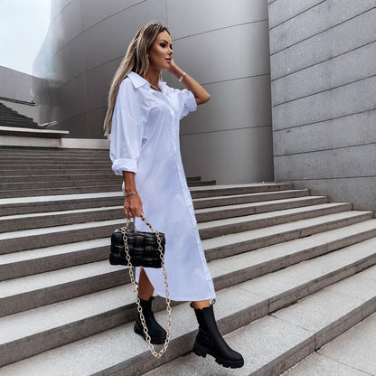 Loose Collared Midi Shirt Dress with Button Front