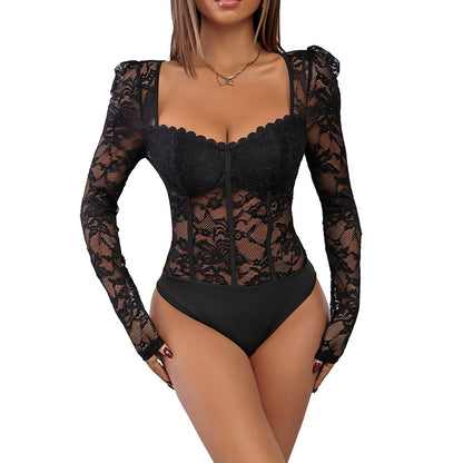 Bodycon Lace Bodysuit with Square Neck and Puff Sleeves