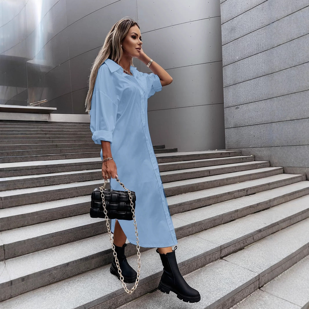 Loose Collared Midi Shirt Dress with Button Front