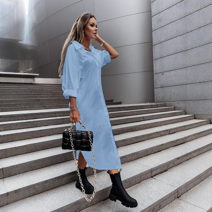 Loose Collared Midi Shirt Dress with Button Front