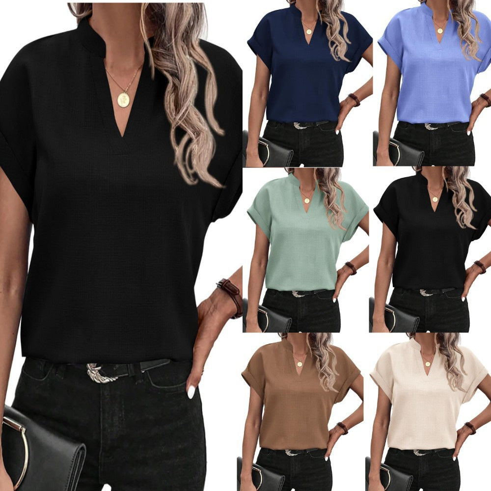 Short Sleeve V-Neck Blouse in Textured Polyester