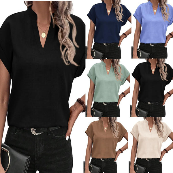 Short Sleeve V-Neck Blouse in Textured Polyester