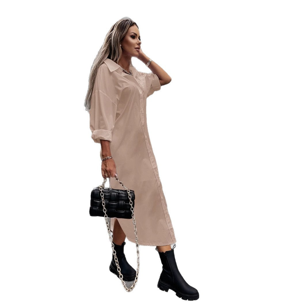 Loose Collared Midi Shirt Dress with Button Front