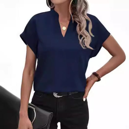 Short Sleeve V-Neck Blouse in Textured Polyester