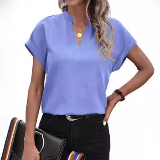 Short Sleeve V-Neck Blouse in Textured Polyester