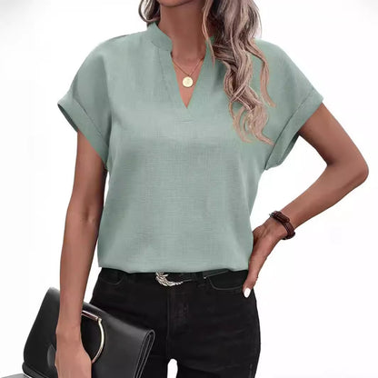 Short Sleeve V-Neck Blouse in Textured Polyester