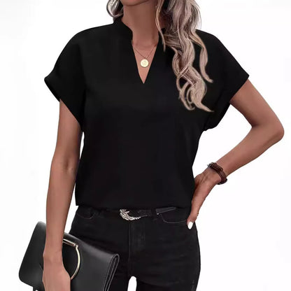 Short Sleeve V-Neck Blouse in Textured Polyester
