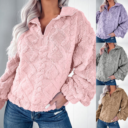Quilted Plush Pullover with Half-Zip Stand Collar