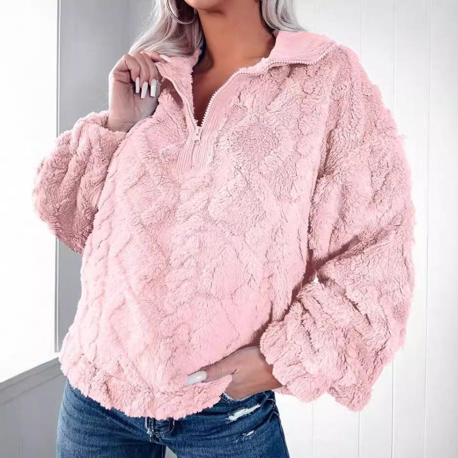 Quilted Plush Pullover with Half-Zip Stand Collar