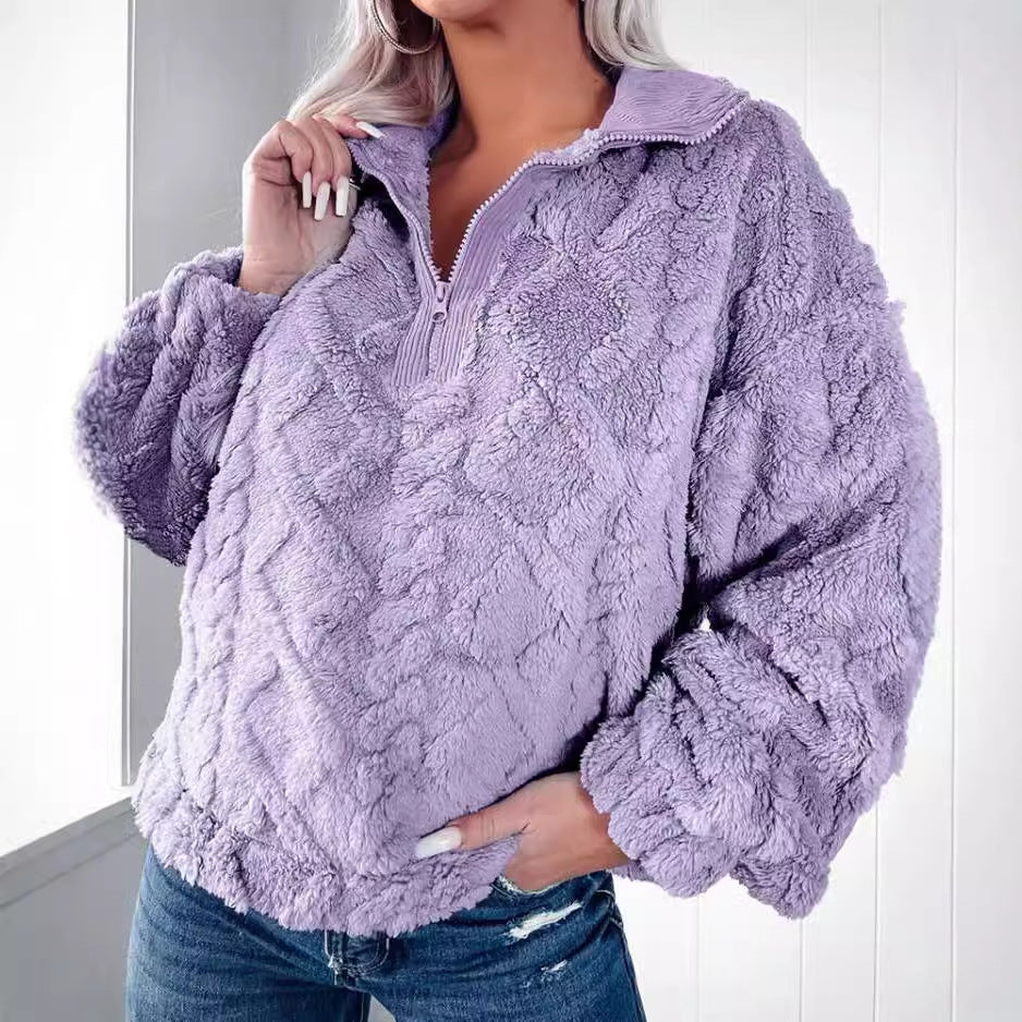 Quilted Plush Pullover with Half-Zip Stand Collar