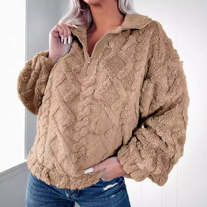 Quilted Plush Pullover with Half-Zip Stand Collar