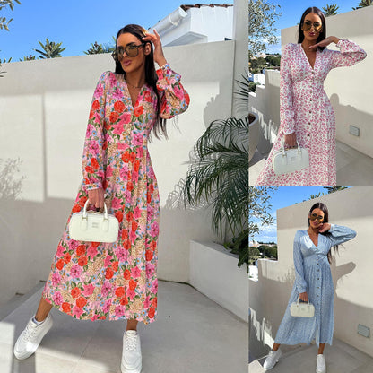 A-Line Floral Print Maxi Dress with V-Neck and Button Front