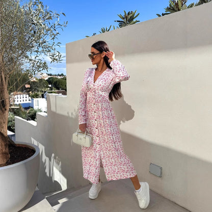 A-Line Floral Print Maxi Dress with V-Neck and Button Front