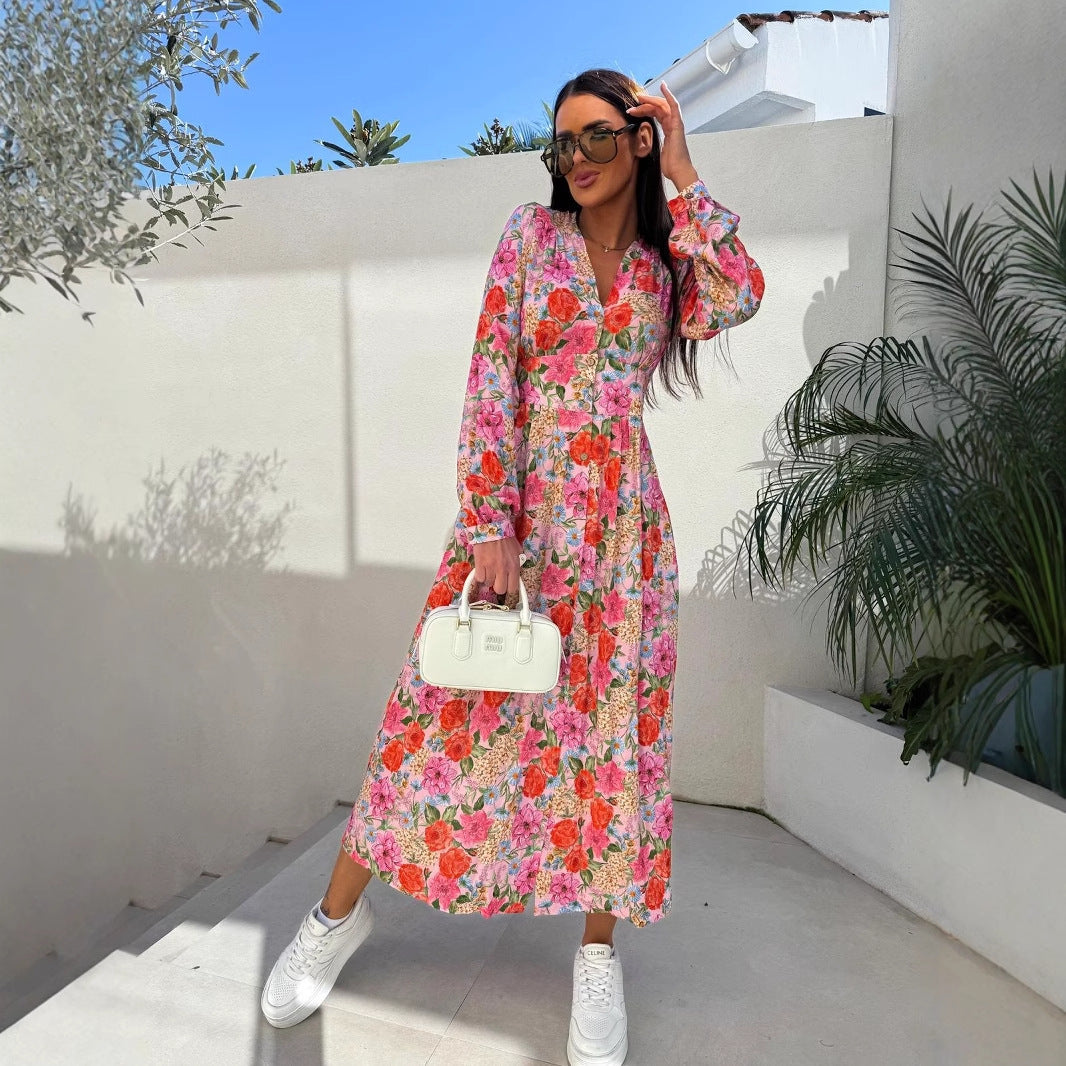 A-Line Floral Print Maxi Dress with V-Neck and Button Front