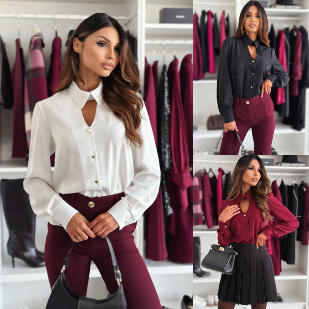 Long Sleeve Lapel Blouse with Hollow Neckline