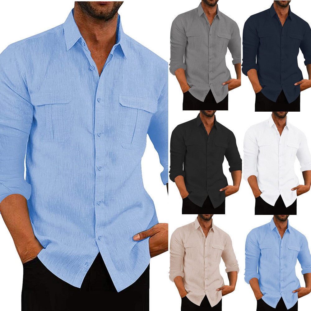 Solid Cotton Linen Shirt with Double Chest Pockets