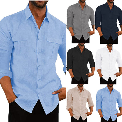 Solid Cotton Linen Shirt with Double Chest Pockets