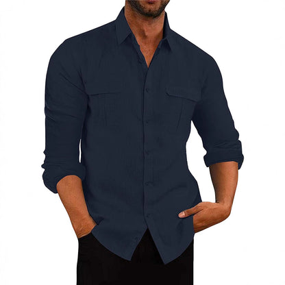 Solid Cotton Linen Shirt with Double Chest Pockets