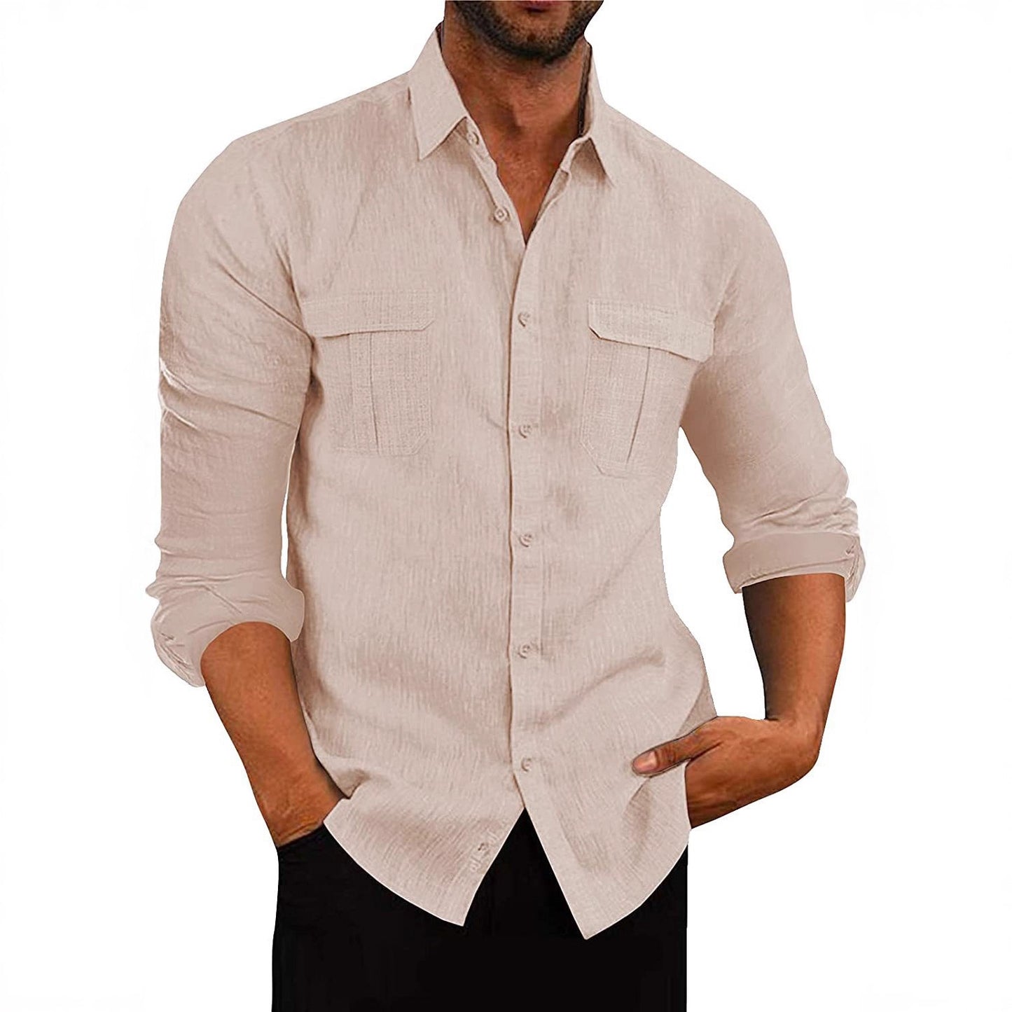 Solid Cotton Linen Shirt with Double Chest Pockets