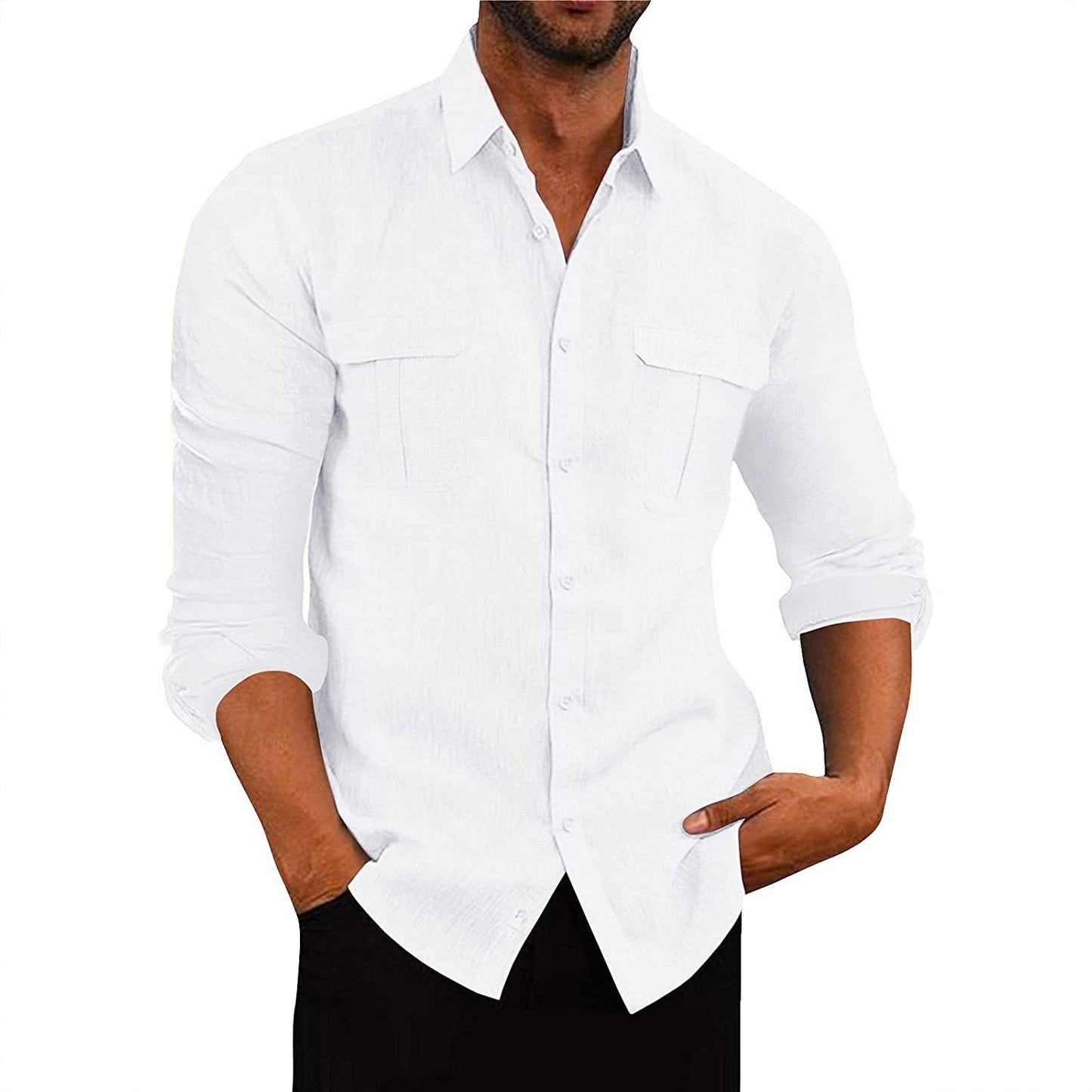 Solid Cotton Linen Shirt with Double Chest Pockets