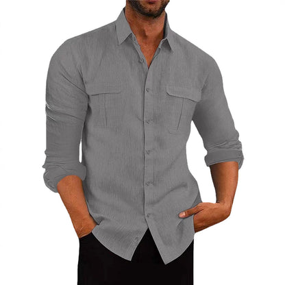 Solid Cotton Linen Shirt with Double Chest Pockets