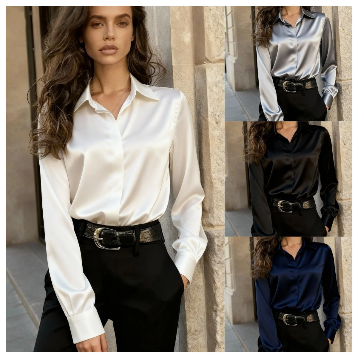 Solid Satin Button-Down Shirt with Lapel Collar