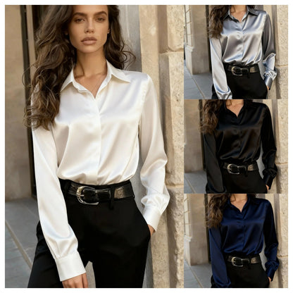 Solid Satin Button-Down Shirt with Lapel Collar