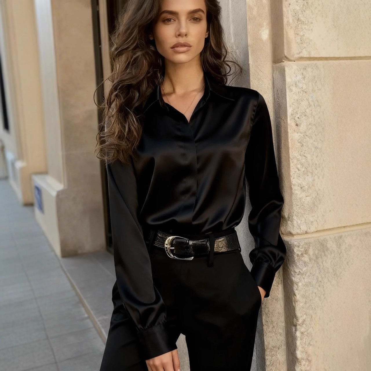 Solid Satin Button-Down Shirt with Lapel Collar