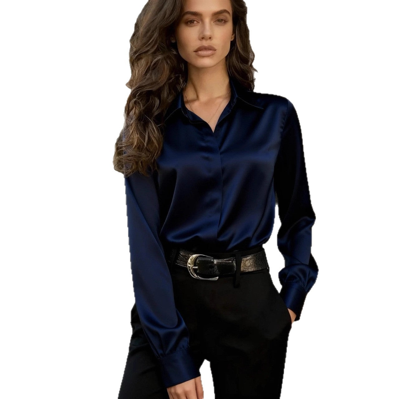 Solid Satin Button-Down Shirt with Lapel Collar