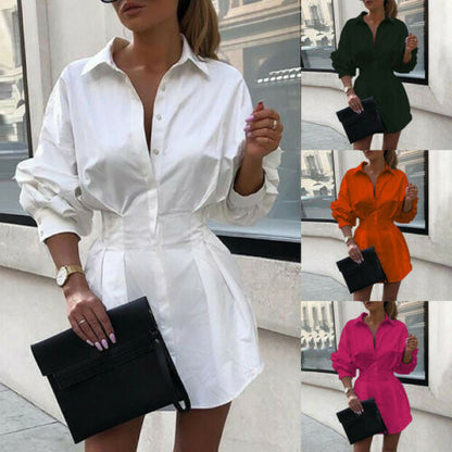 Solid Collared Shirt Dress with Long Sleeves and Cinched Waist