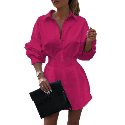 Solid Collared Shirt Dress with Long Sleeves and Cinched Waist