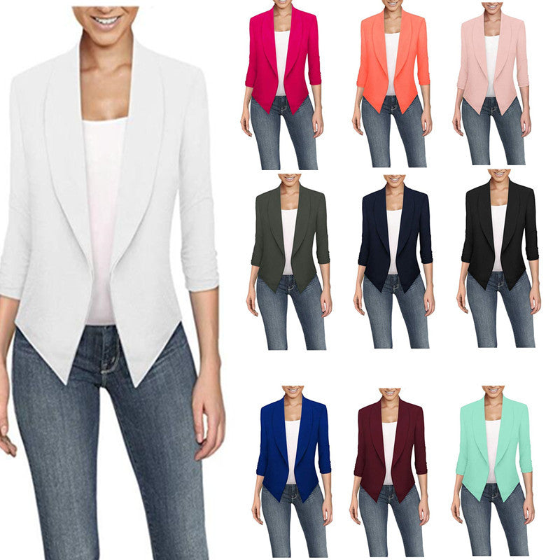 Solid Draped Lapel Blazer with 3/4 Sleeves and Asymmetrical Hem