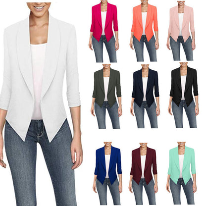 Solid Draped Lapel Blazer with 3/4 Sleeves and Asymmetrical Hem