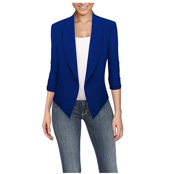 Solid Draped Lapel Blazer with 3/4 Sleeves and Asymmetrical Hem