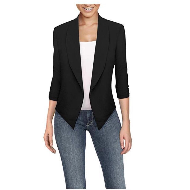 Solid Draped Lapel Blazer with 3/4 Sleeves and Asymmetrical Hem